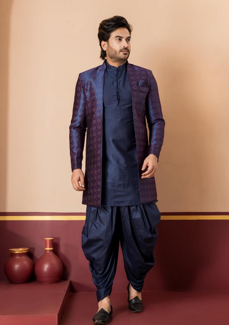 Navy Blue Embroidery Jacquard Sherwani Set For Men - Indya