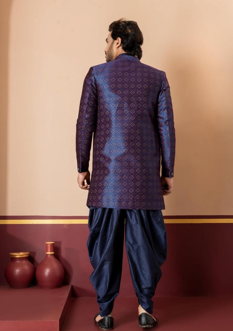 Navy Blue Embroidery Jacquard Sherwani Set For Men - Indya