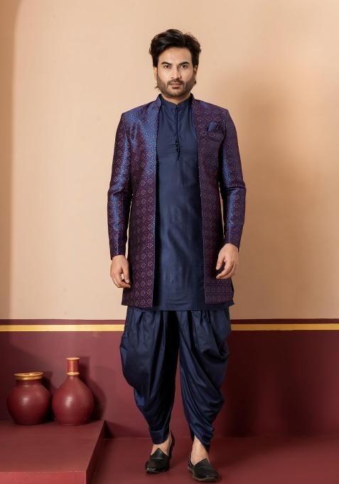 Navy Blue Embroidery Jacquard Sherwani Set For Men
