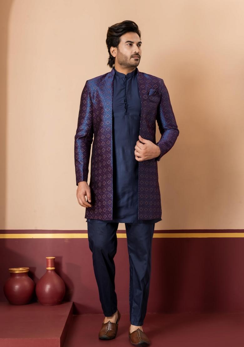 Navy Blue Embroidery Jacquard Sherwani Set For Men - Indya