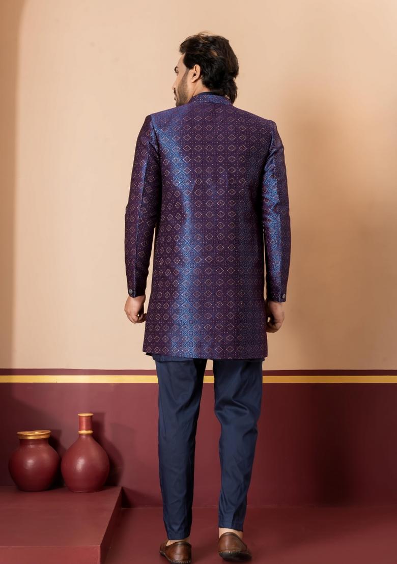 Navy Blue Embroidery Jacquard Sherwani Set For Men - Indya