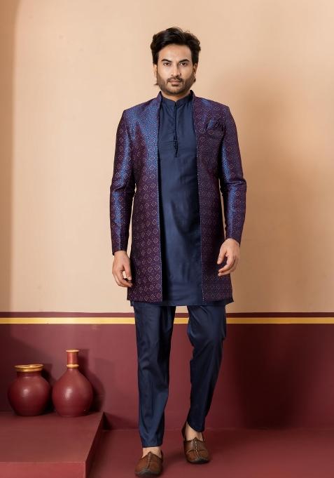 Navy Blue Embroidery Jacquard Sherwani Set For Men