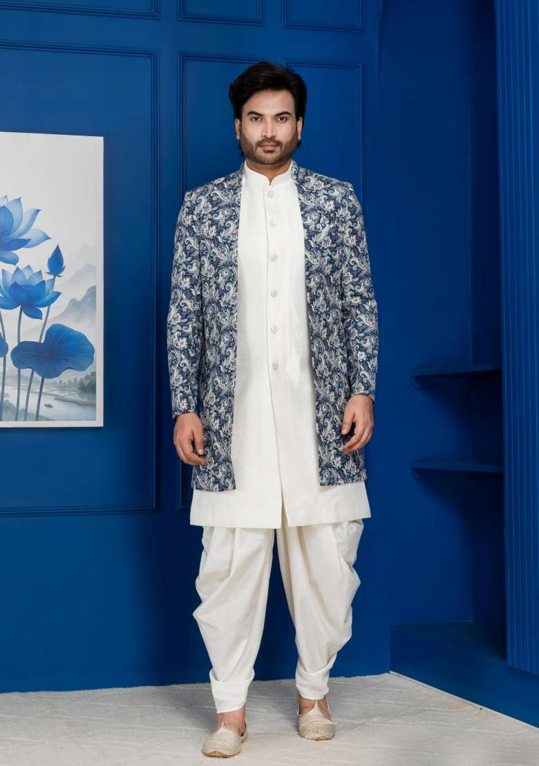 Green Embroidery Jacquard Sherwani Set For Men - Indya