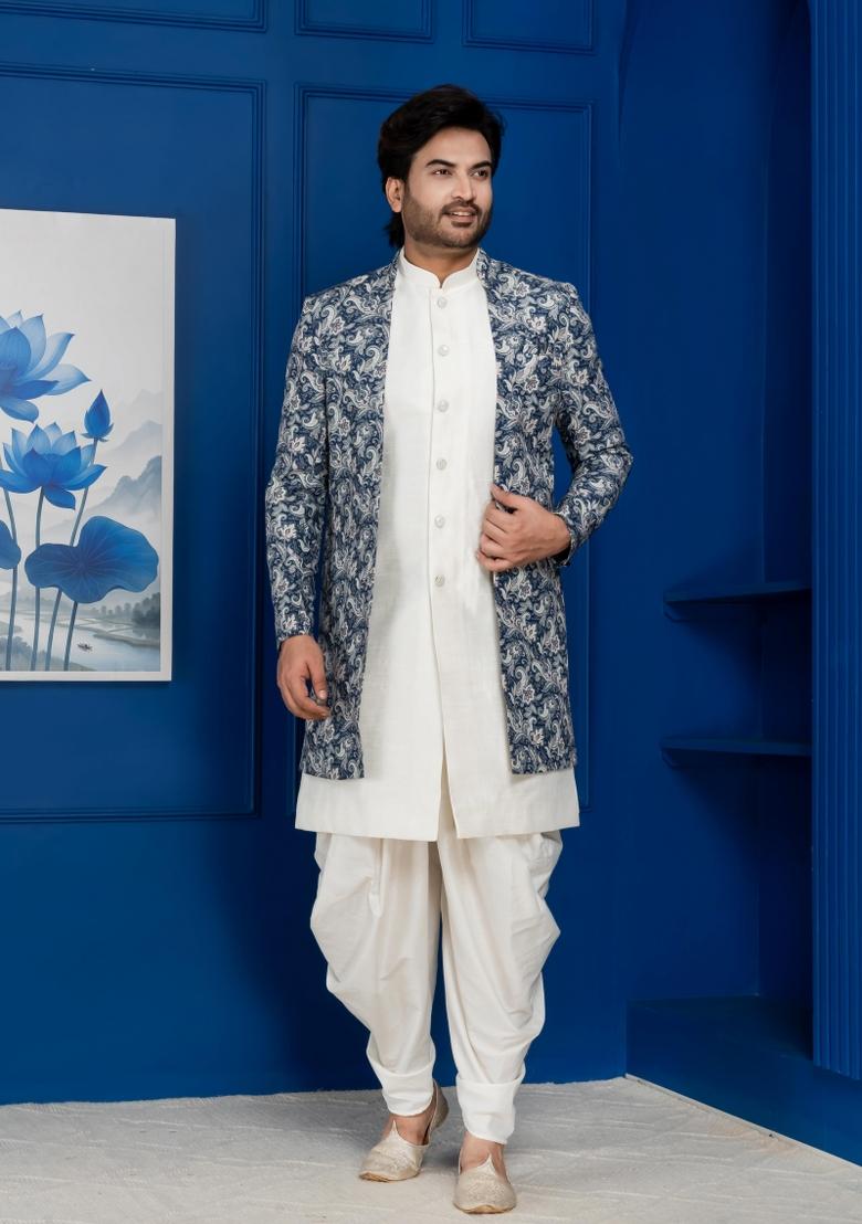 Green Embroidery Jacquard Sherwani Set For Men - Indya