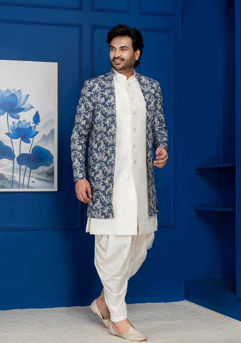 Green Embroidery Jacquard Sherwani Set For Men - Indya