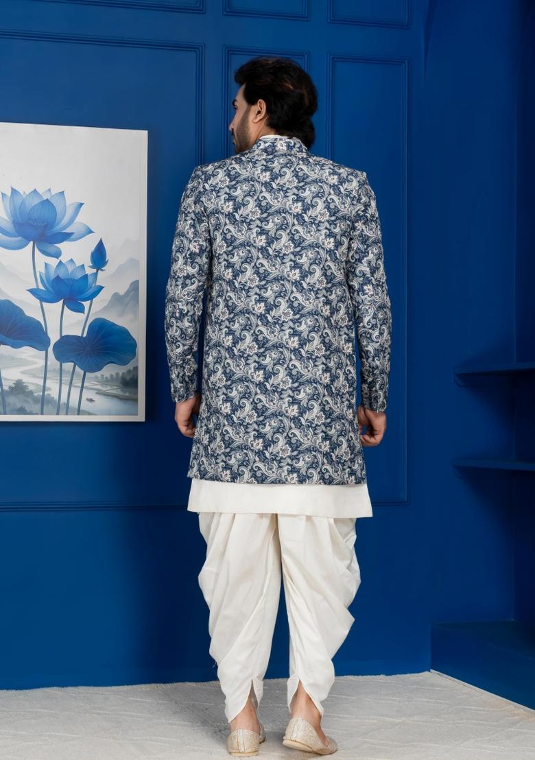 Green Embroidery Jacquard Sherwani Set For Men - Indya