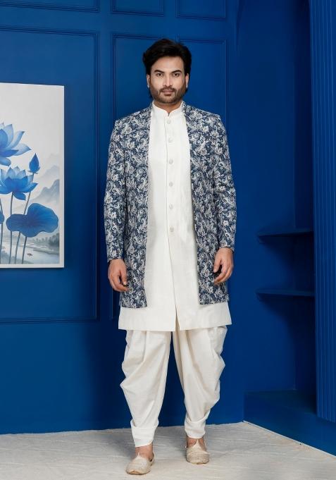 Green Embroidery Jacquard Sherwani Set For Men