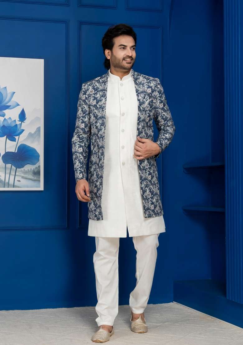 Green Embroidery Jacquard Sherwani Set For Men - Indya