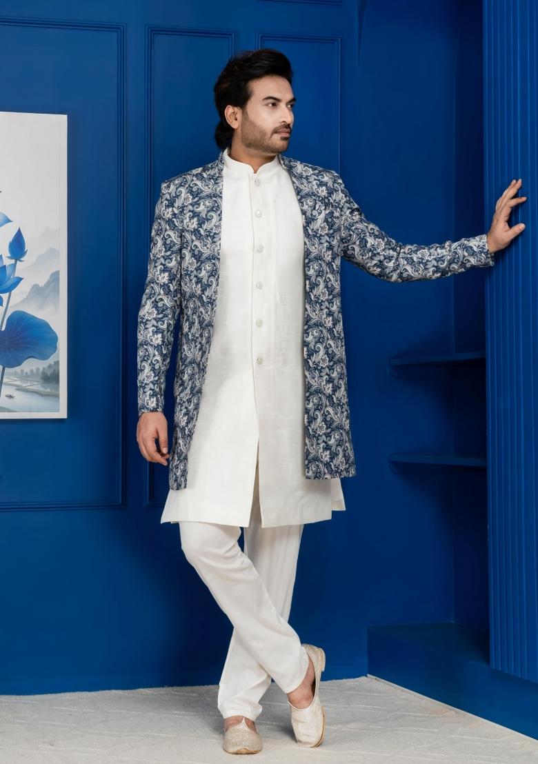 Green Embroidery Jacquard Sherwani Set For Men - Indya