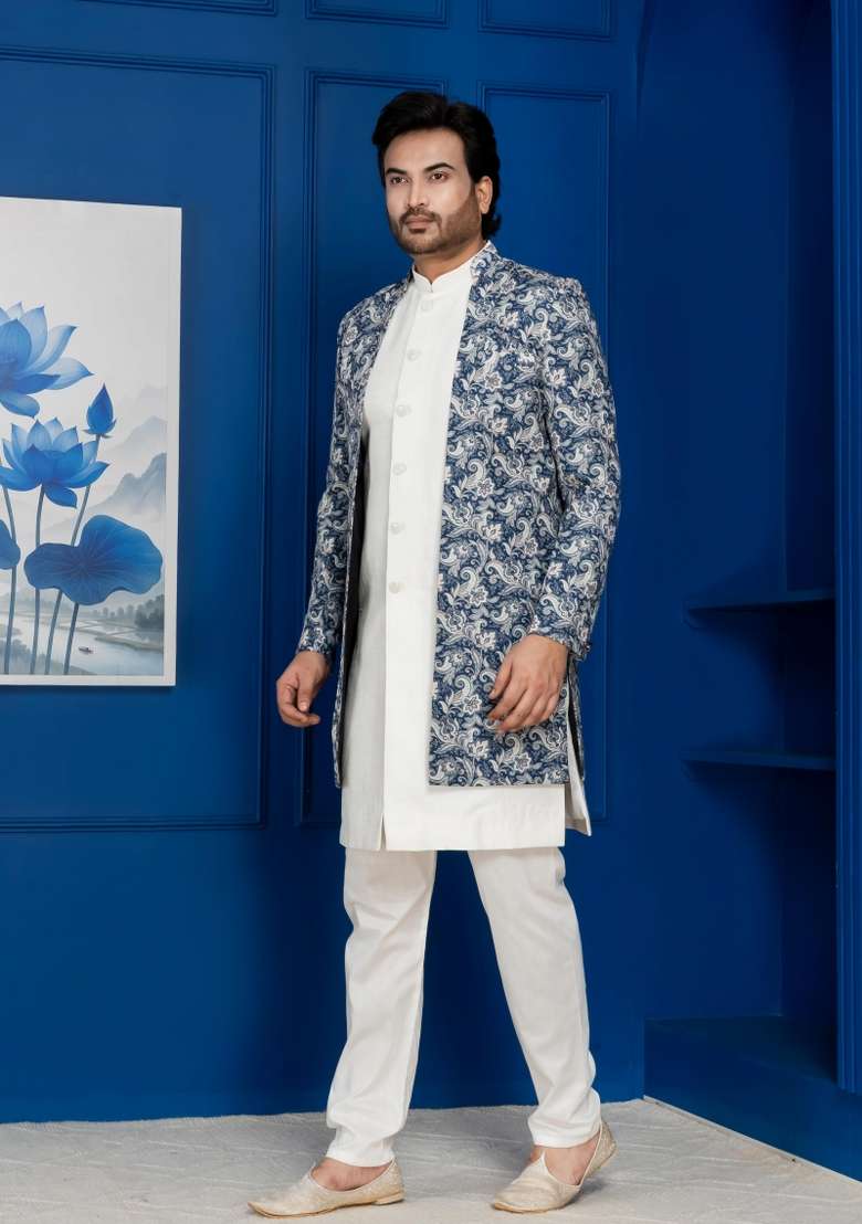 Green Embroidery Jacquard Sherwani Set For Men - Indya