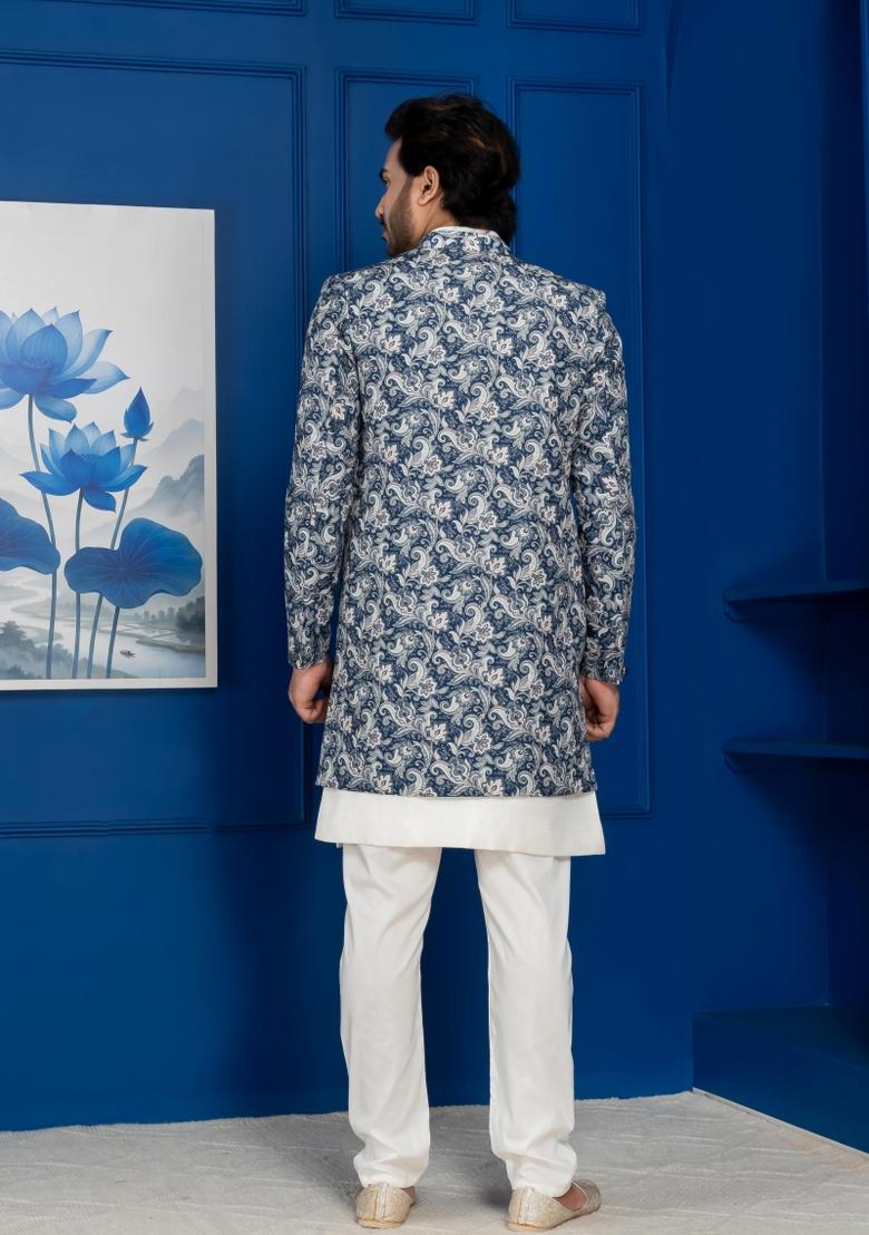 Green Embroidery Jacquard Sherwani Set For Men - Indya