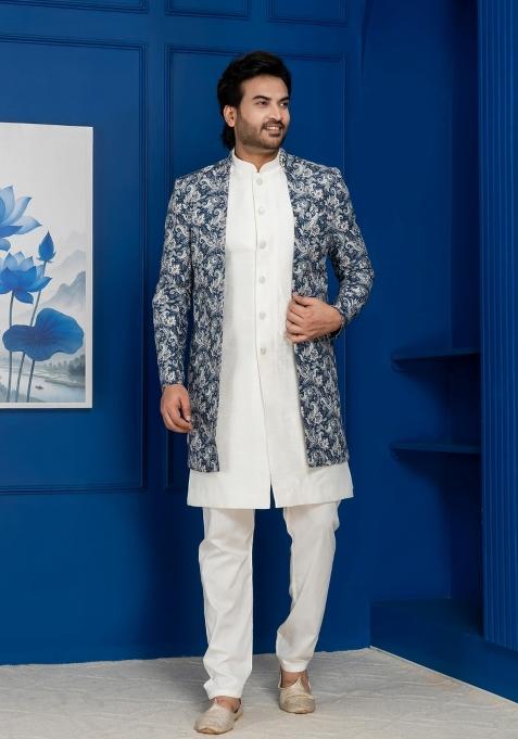 Green Embroidery Jacquard Sherwani Set For Men