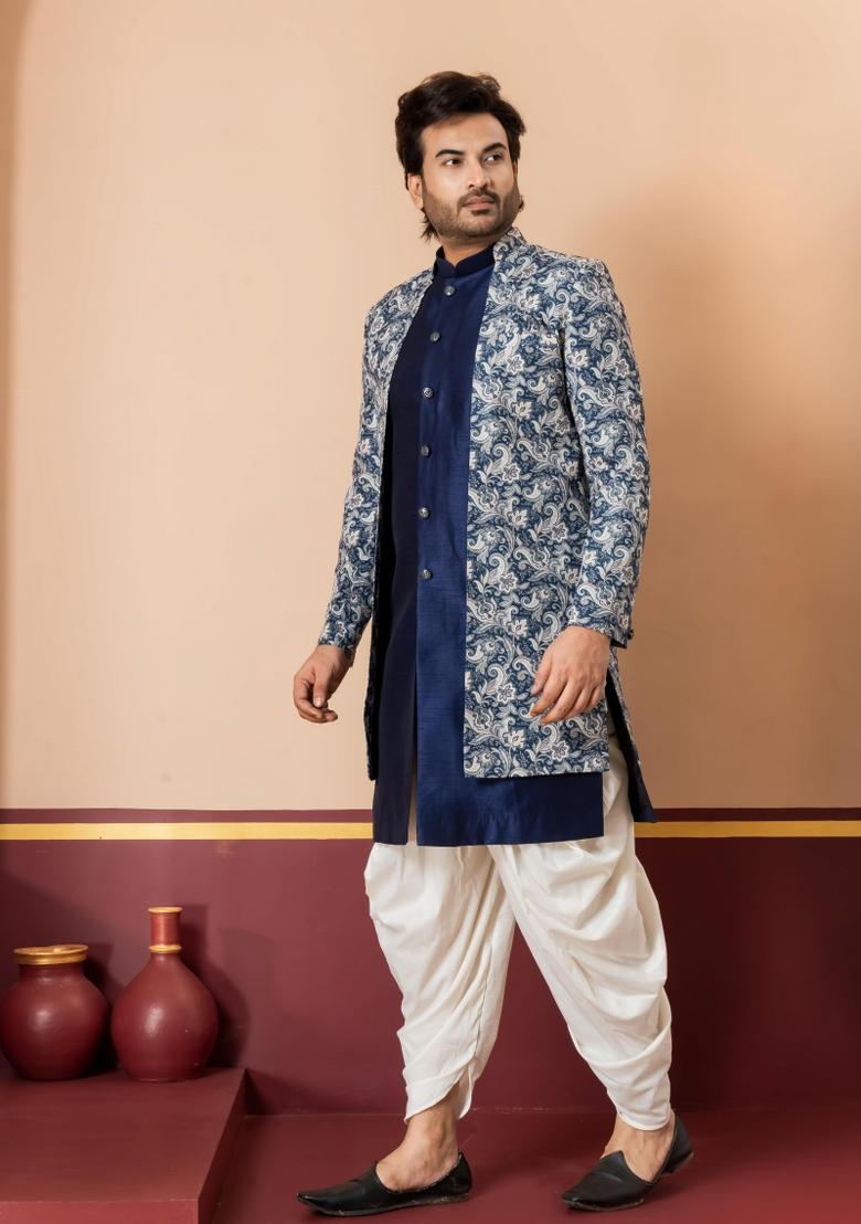 Green Embroidery Jacquard Sherwani Set For Men - Indya