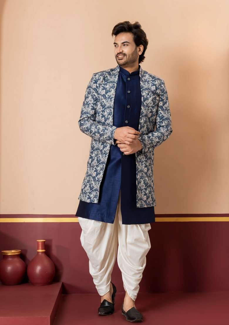 Green Embroidery Jacquard Sherwani Set For Men - Indya