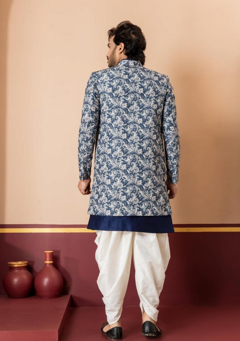 Green Embroidery Jacquard Sherwani Set For Men - Indya