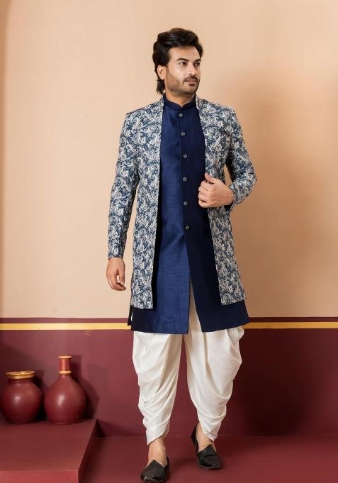 Green Embroidery Jacquard Sherwani Set For Men