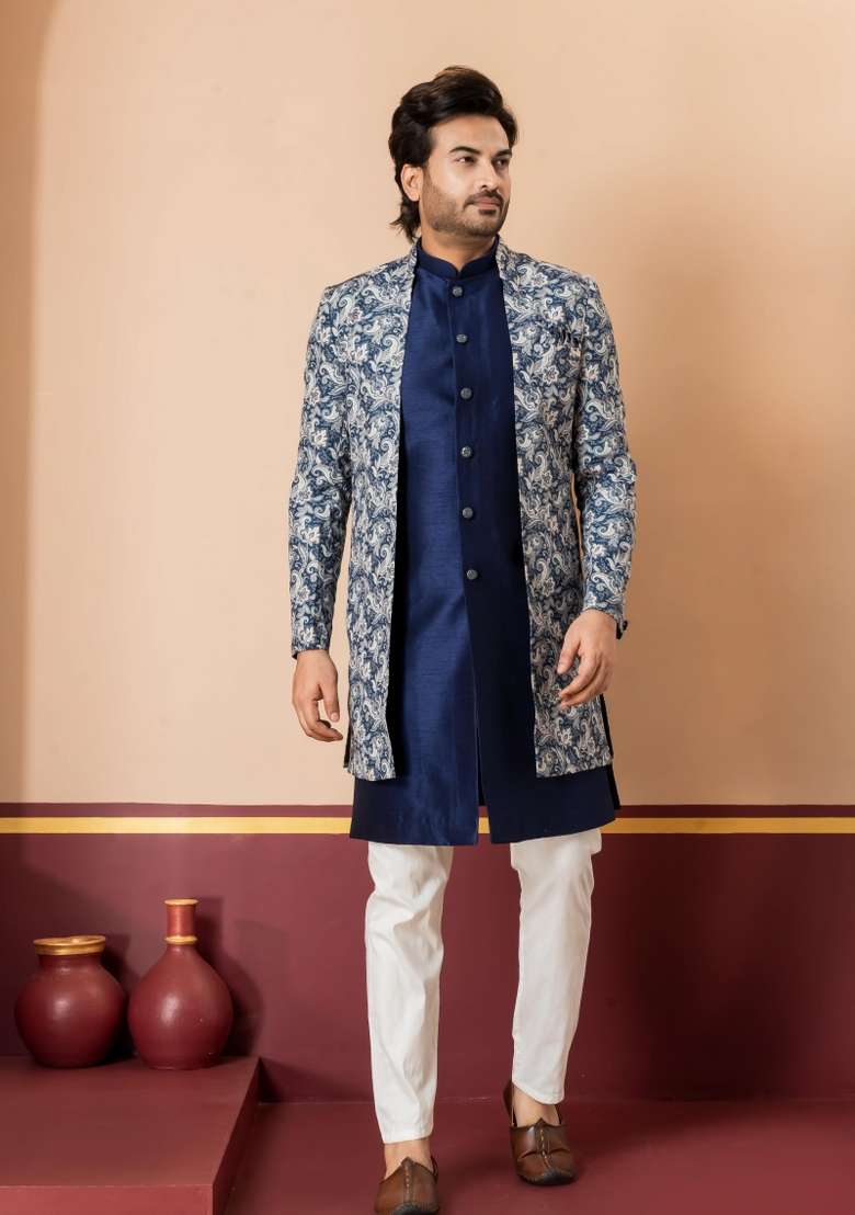 Green Embroidery Jacquard Sherwani Set For Men - Indya