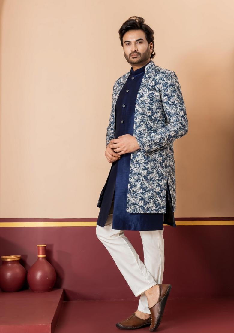 Green Embroidery Jacquard Sherwani Set For Men - Indya