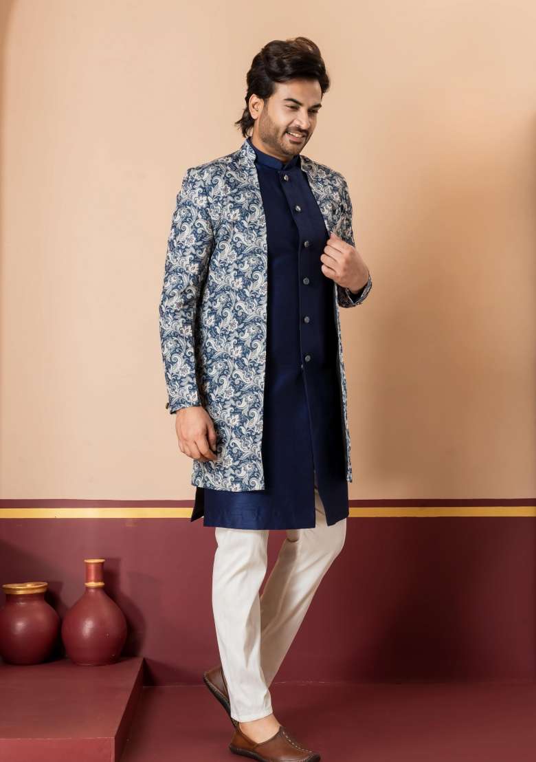 Green Embroidery Jacquard Sherwani Set For Men - Indya