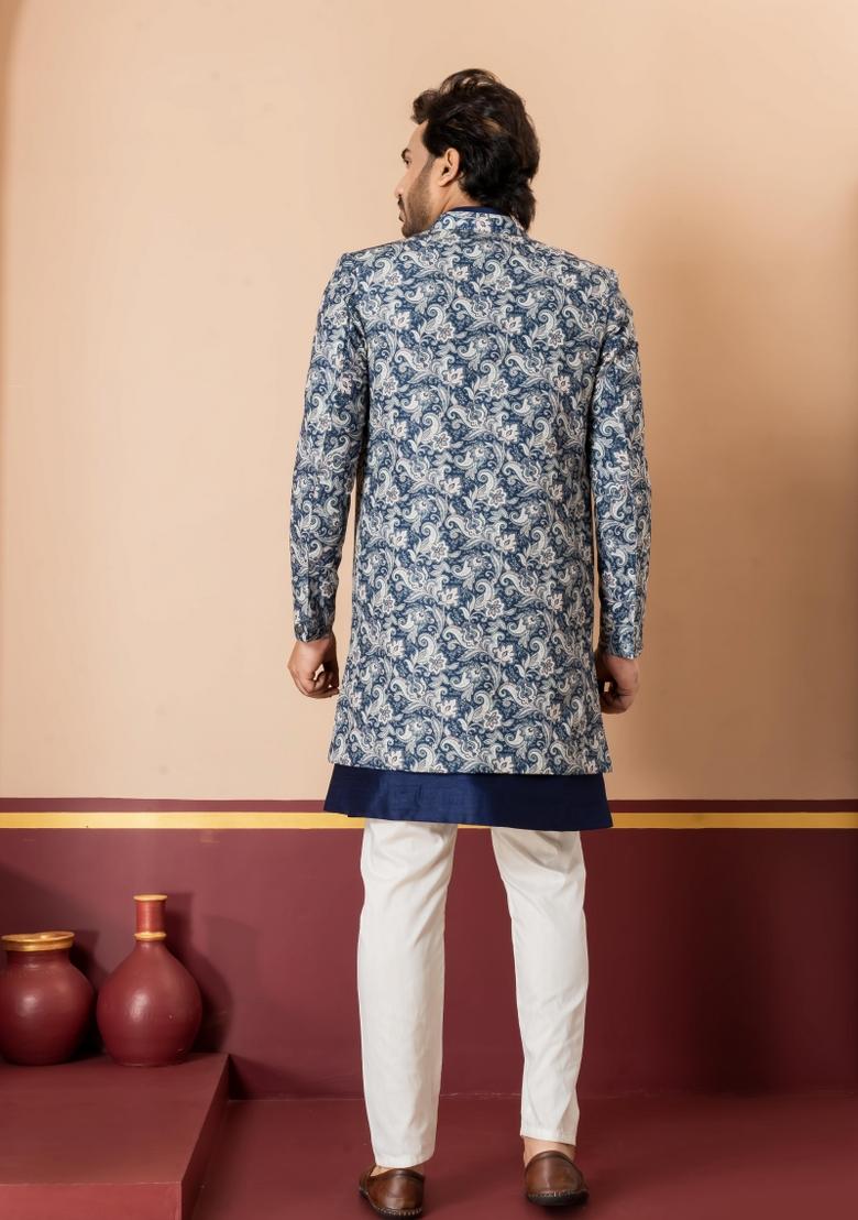 Green Embroidery Jacquard Sherwani Set For Men - Indya