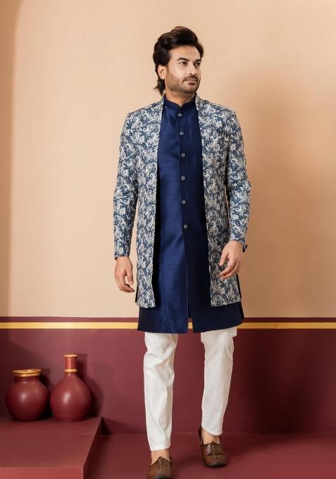 Green Embroidery Jacquard Sherwani Set For Men