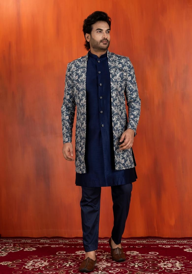 Green Embroidery Jacquard Sherwani Set For Men - Indya