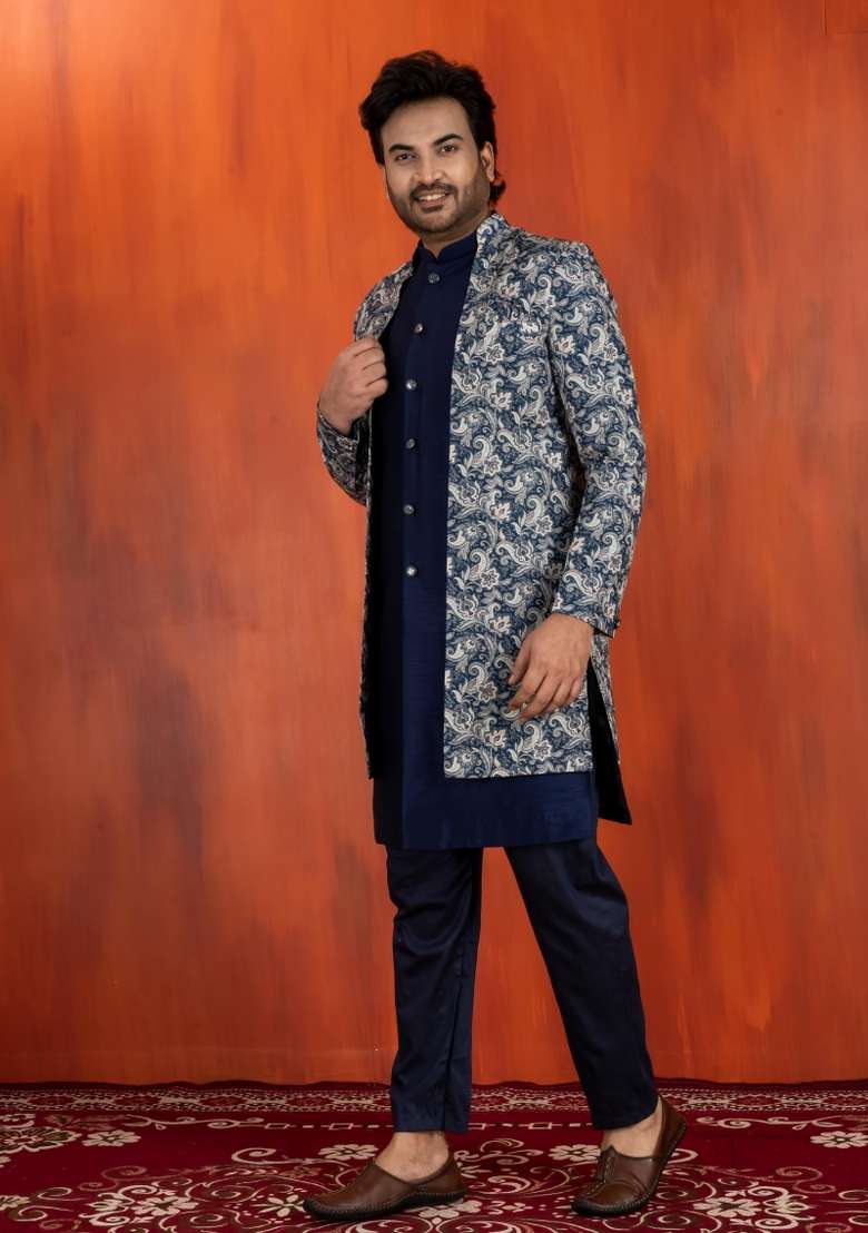 Green Embroidery Jacquard Sherwani Set For Men - Indya