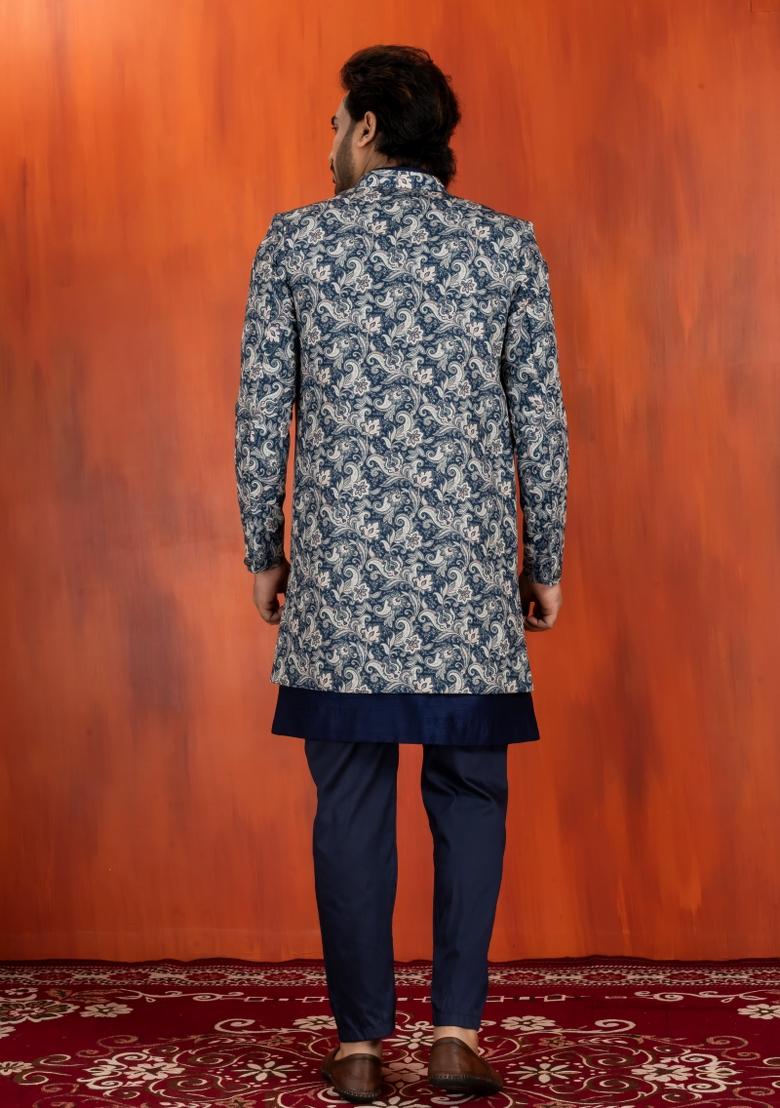 Green Embroidery Jacquard Sherwani Set For Men - Indya
