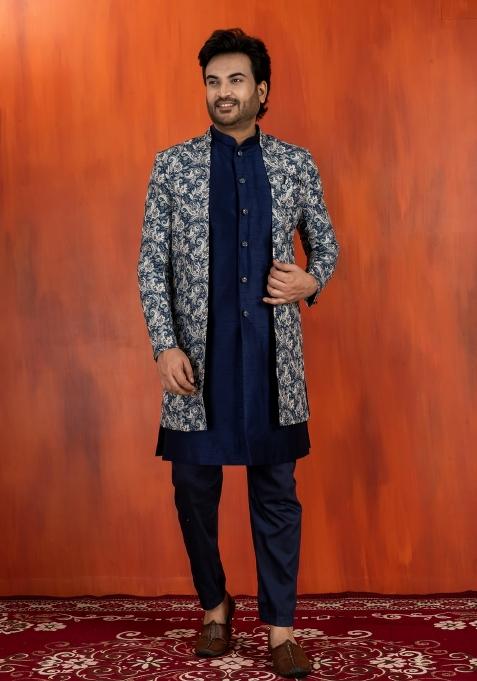 Green Embroidery Jacquard Sherwani Set For Men