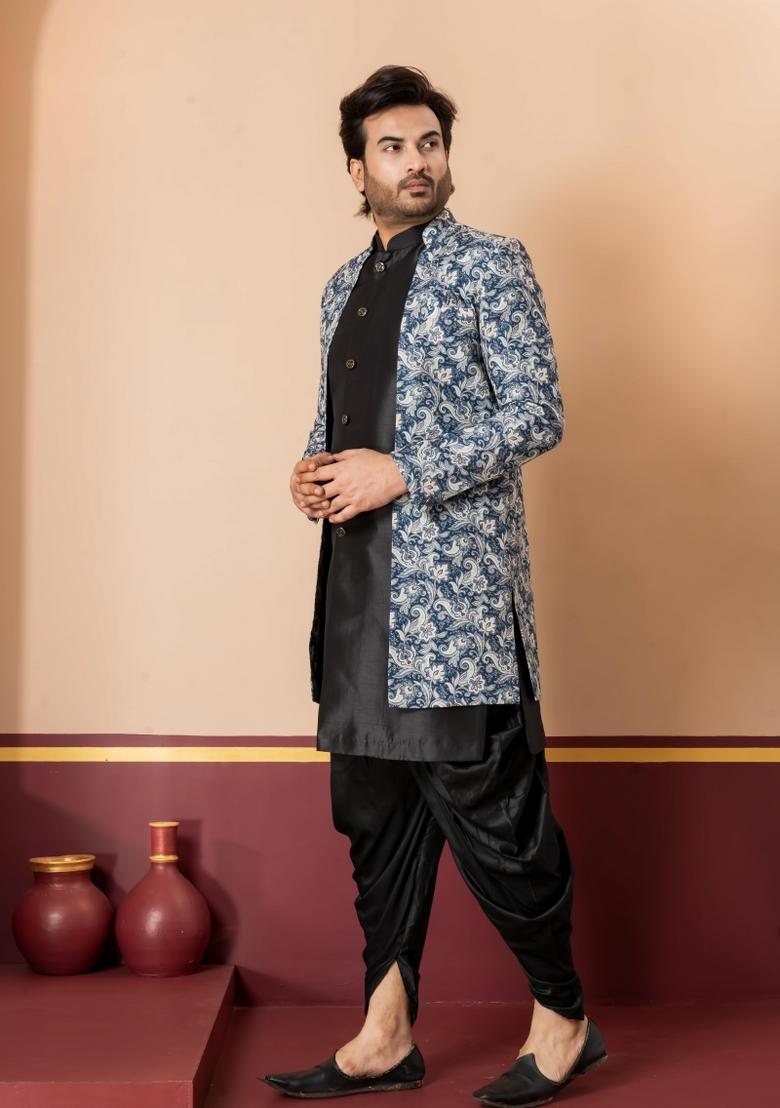Green Embroidery Jacquard Sherwani Set For Men - Indya