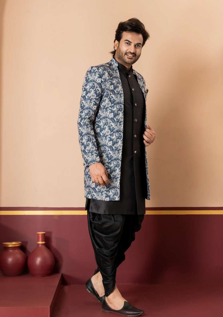 Green Embroidery Jacquard Sherwani Set For Men - Indya