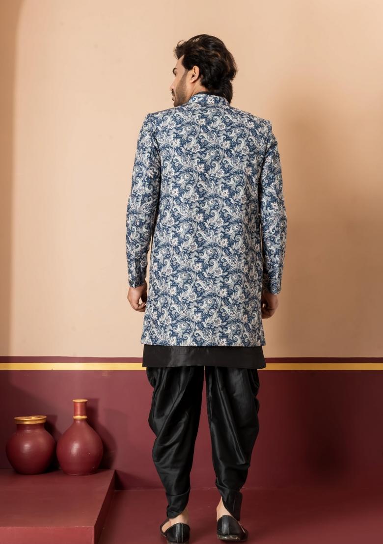 Green Embroidery Jacquard Sherwani Set For Men - Indya