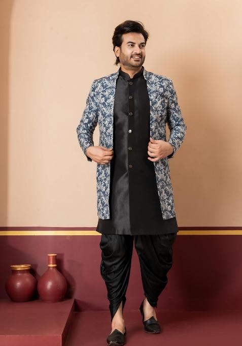 Green Embroidery Jacquard Sherwani Set For Men