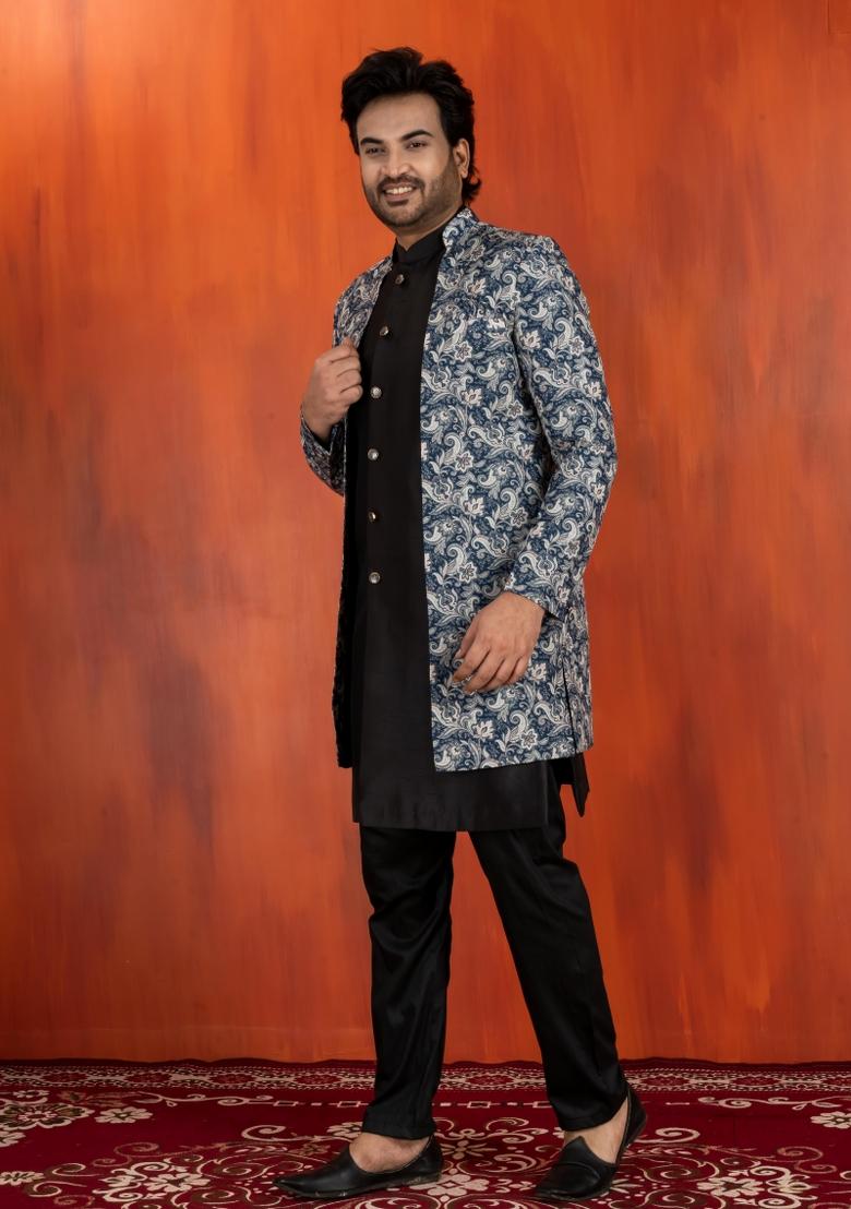 Green Embroidery Jacquard Sherwani Set For Men - Indya