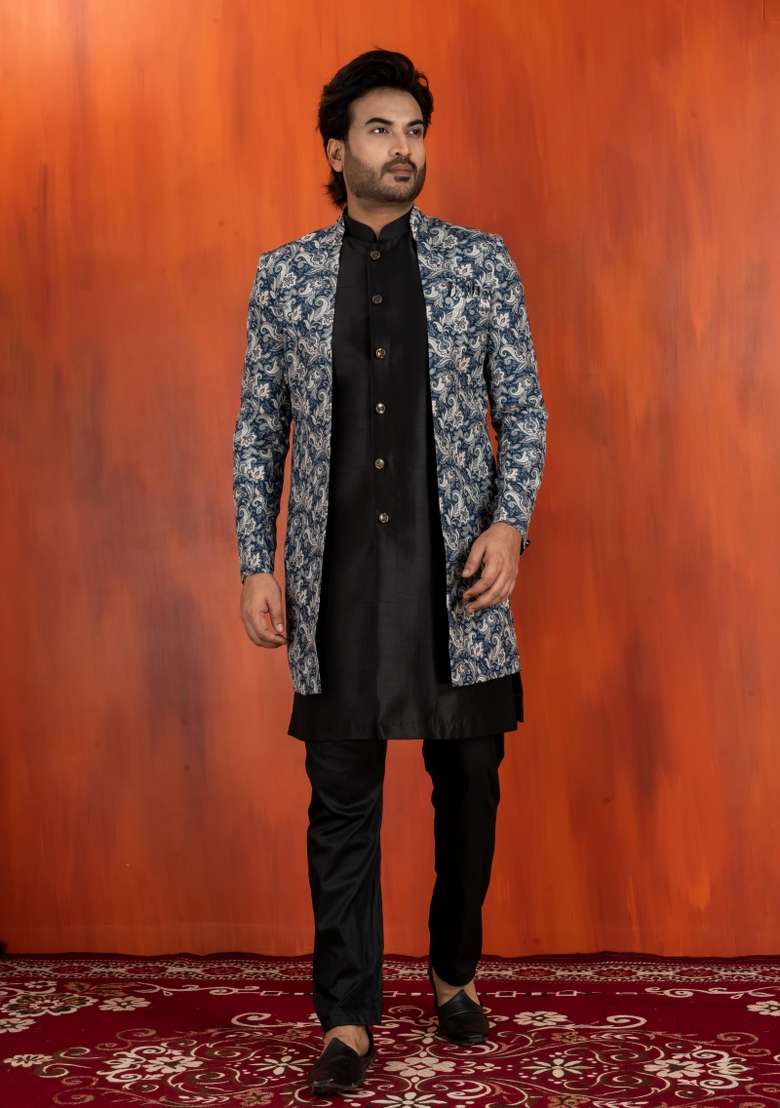 Green Embroidery Jacquard Sherwani Set For Men - Indya