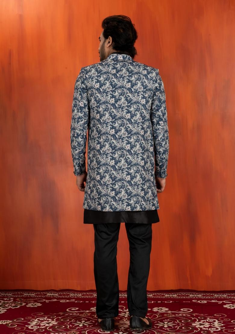 Green Embroidery Jacquard Sherwani Set For Men - Indya