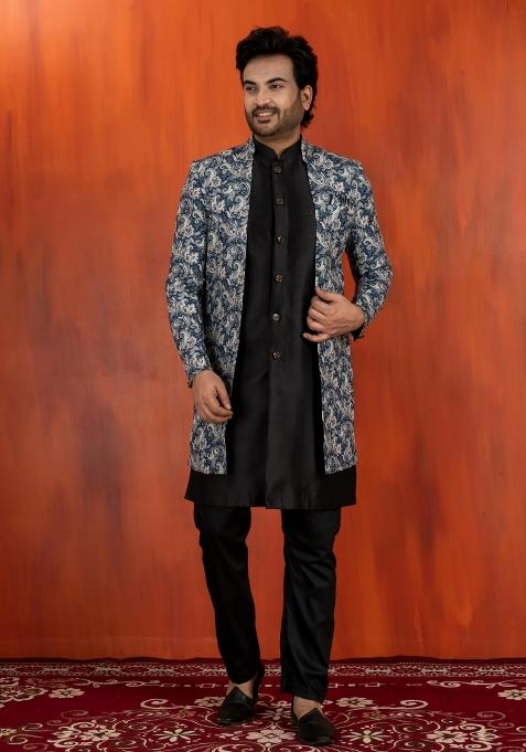 Green Embroidery Jacquard Sherwani Set For Men