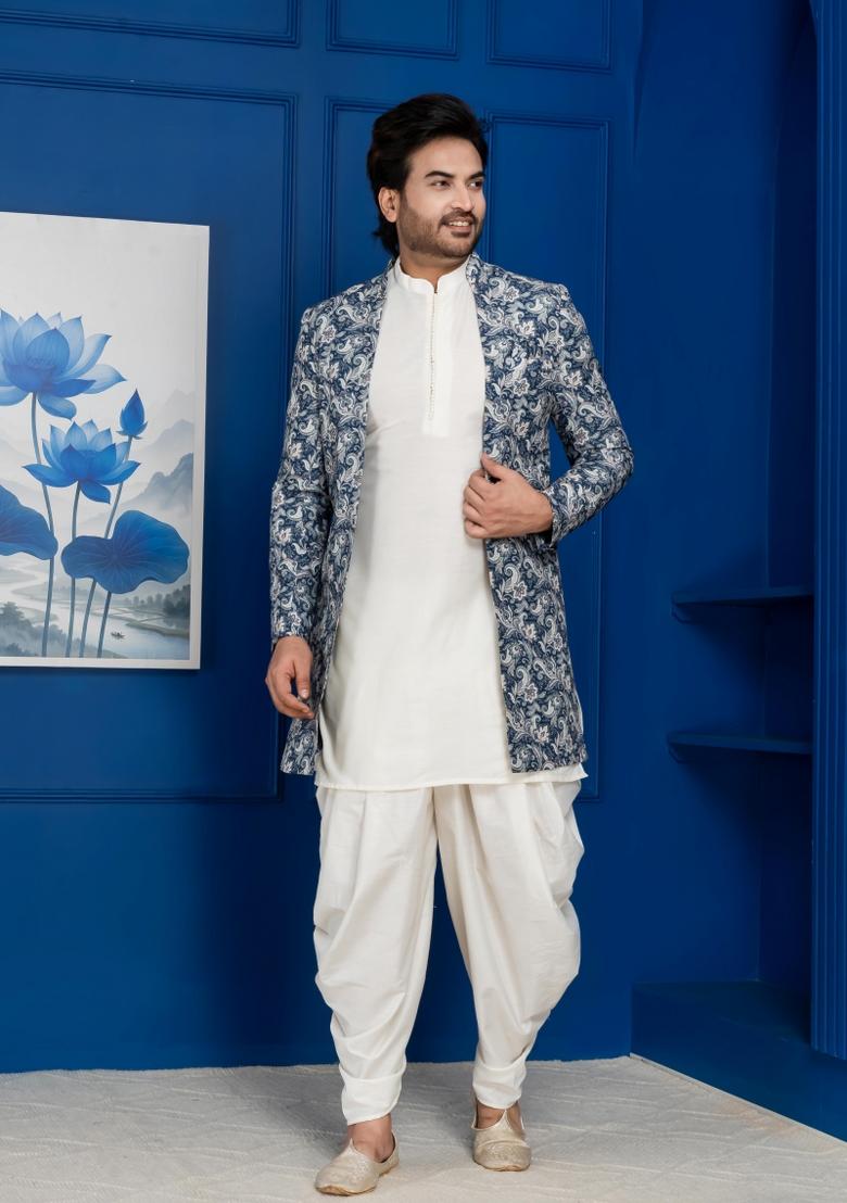 Green Embroidery Jacquard Sherwani Set For Men - Indya