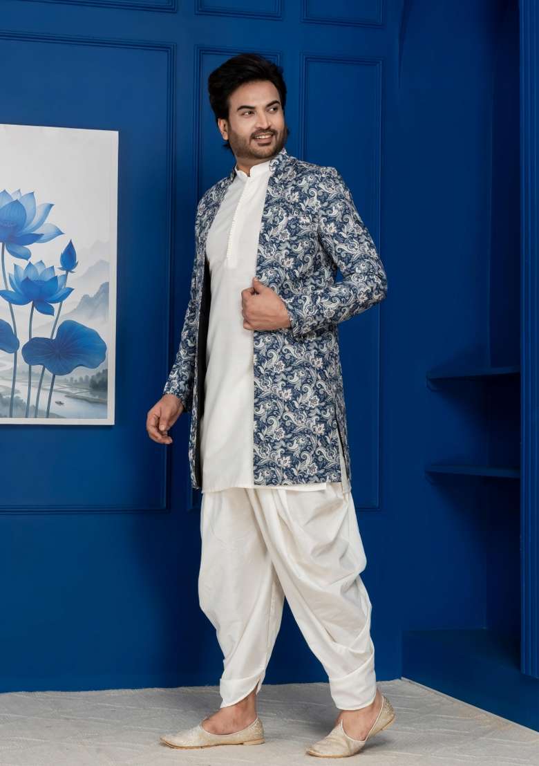 Green Embroidery Jacquard Sherwani Set For Men - Indya