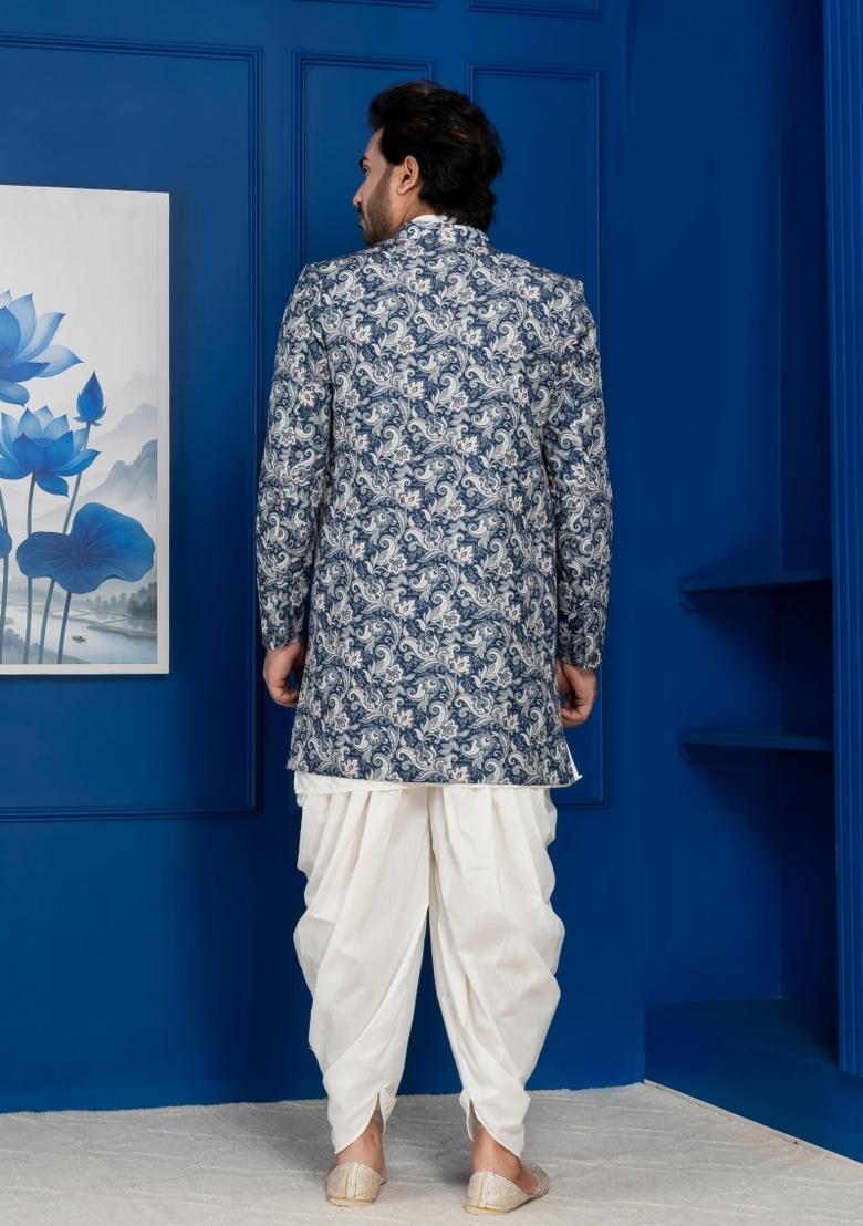 Green Embroidery Jacquard Sherwani Set For Men - Indya