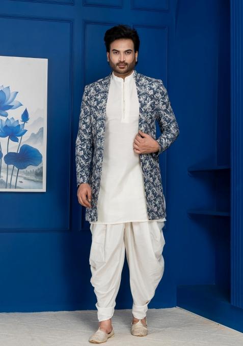 Green Embroidery Jacquard Sherwani Set For Men