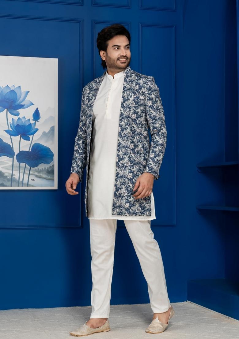 Green Embroidery Jacquard Sherwani Set For Men - Indya
