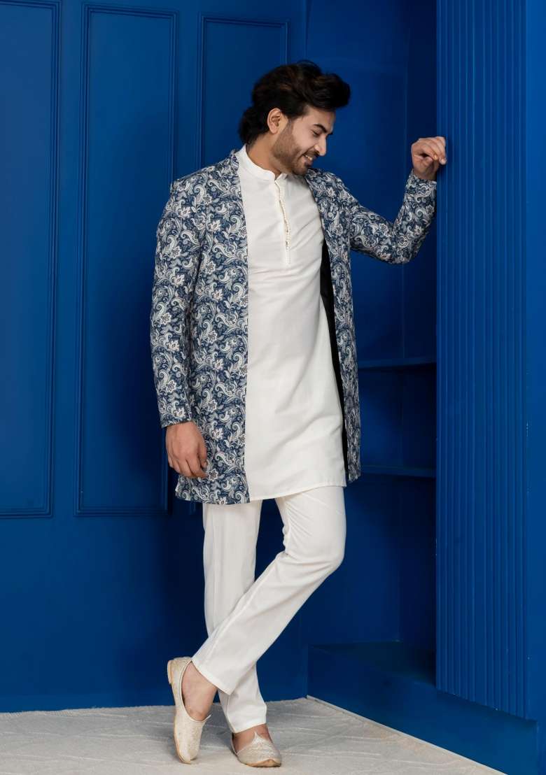 Green Embroidery Jacquard Sherwani Set For Men - Indya