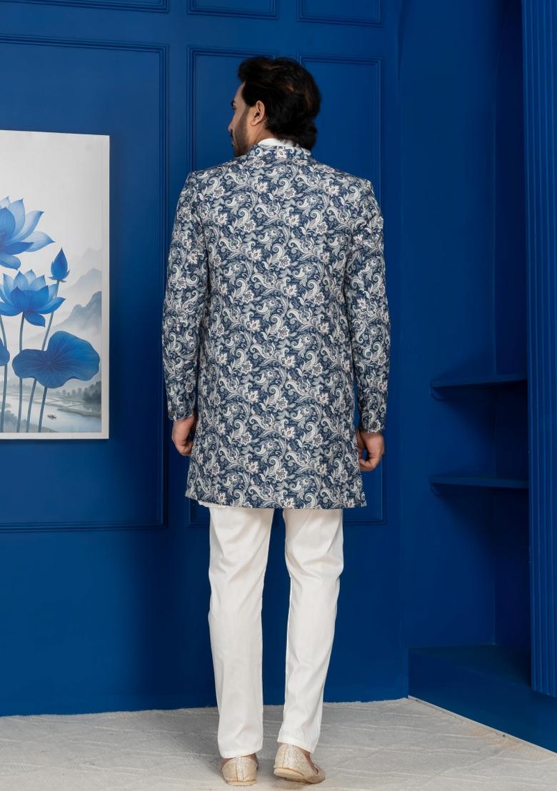 Green Embroidery Jacquard Sherwani Set For Men - Indya