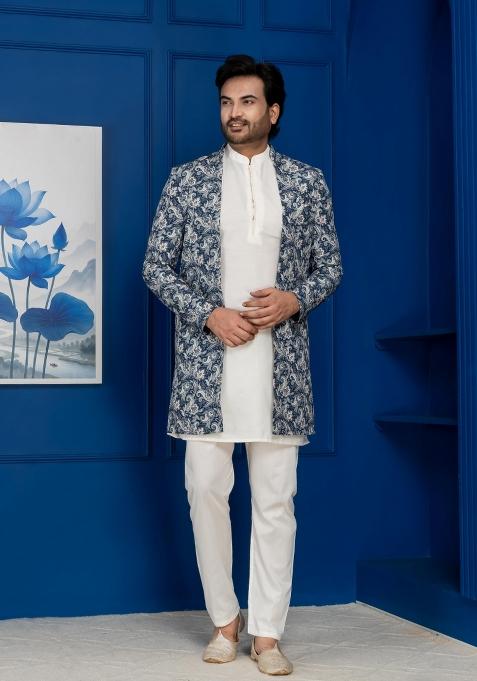 Green Embroidery Jacquard Sherwani Set For Men