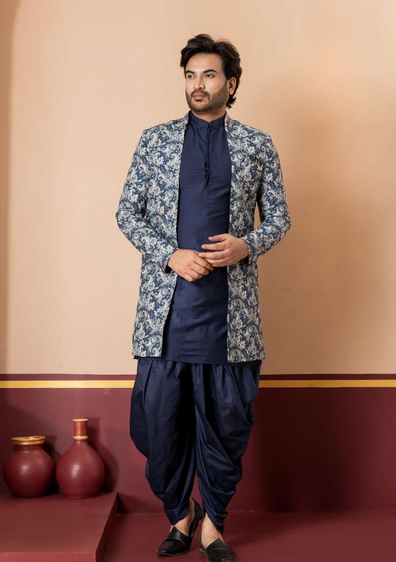 Green Embroidery Jacquard Sherwani Set For Men - Indya