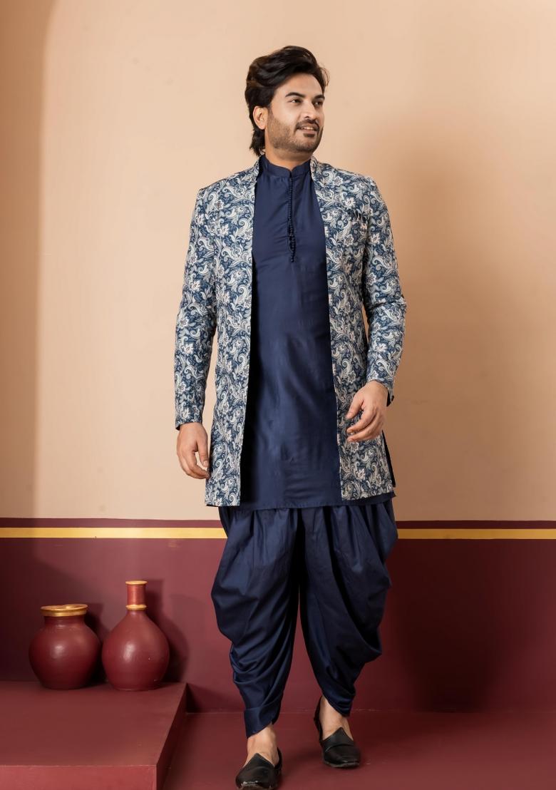 Green Embroidery Jacquard Sherwani Set For Men - Indya