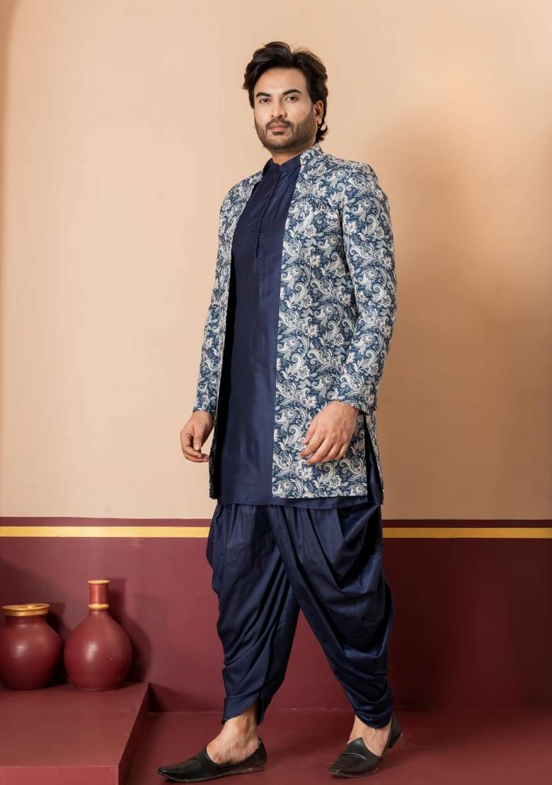 Green Embroidery Jacquard Sherwani Set For Men - Indya