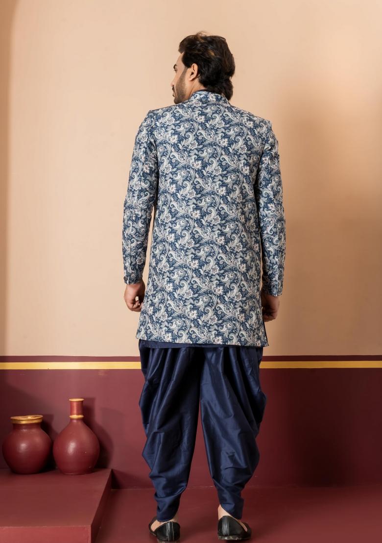 Green Embroidery Jacquard Sherwani Set For Men - Indya