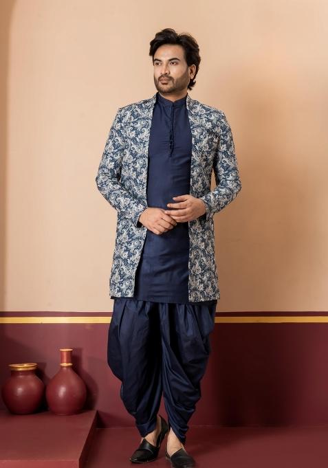 Green Embroidery Jacquard Sherwani Set For Men
